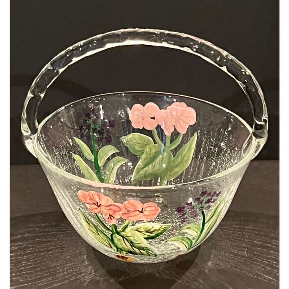 Fifth Avenue Hand Painted Floral Crackle Glass Easter Basket Bowl 8" Pink Purple - Picture 5 of 7
